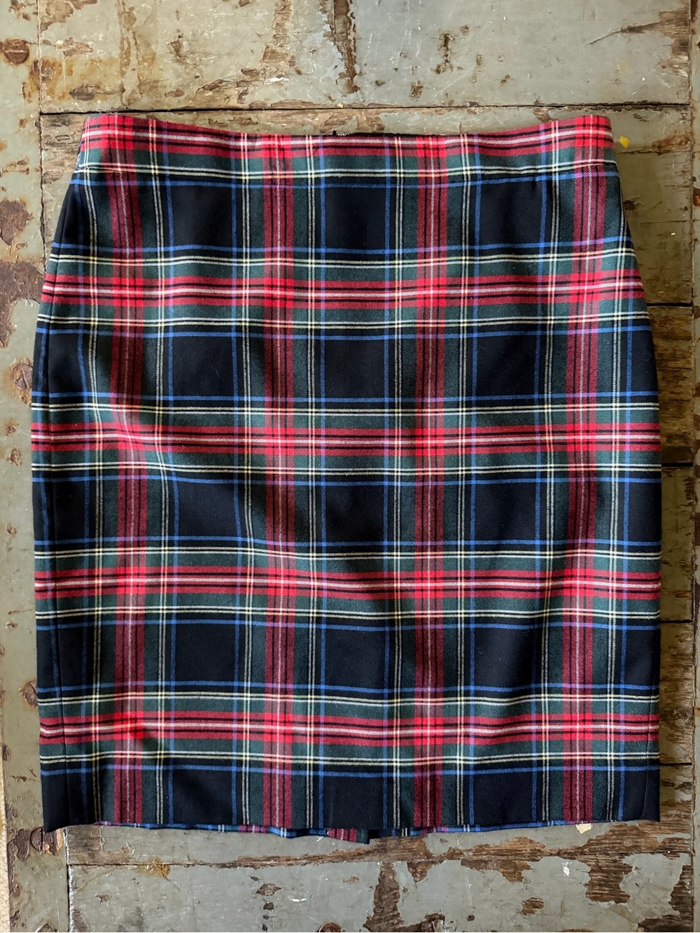 J. Crew Black, Red, and Blue Plaid Lined Pencil Skirt with Zipper & Back Slit